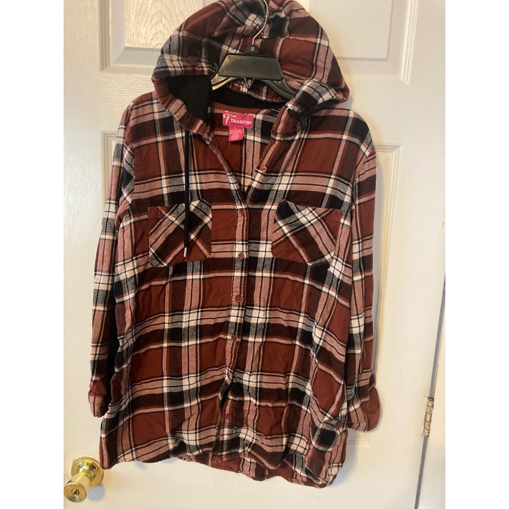 Tradition Womens Plaid Hooded Flannel Shirt Burgundy Black White Large L